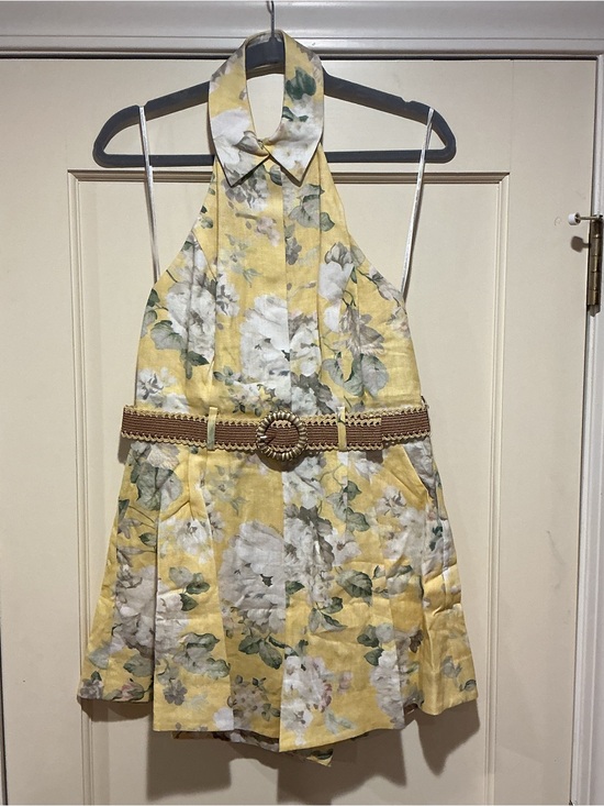 Zimmermann Dresses & Skirts - NWOT Zimmermann Yellow Floral Halter Linen Romper with Belt, Size AU 2 = M